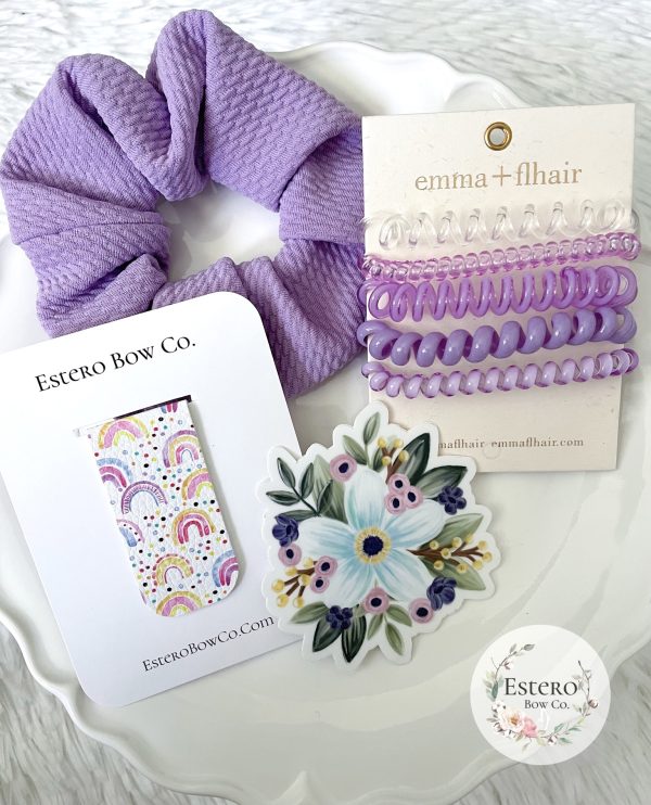 The Purple Perfection Gift Set: Scrunchie, Waterproof Sticker, Coil Hair Ties and Magnetic Bookmark