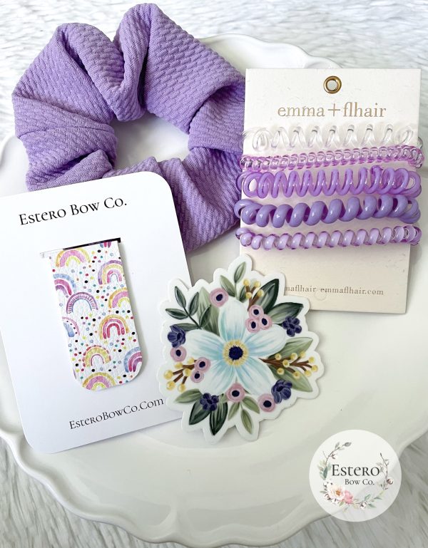 The Purple Perfection Gift Set: Scrunchie, Waterproof Sticker, Coil Hair Ties and Magnetic Bookmark - Image 3