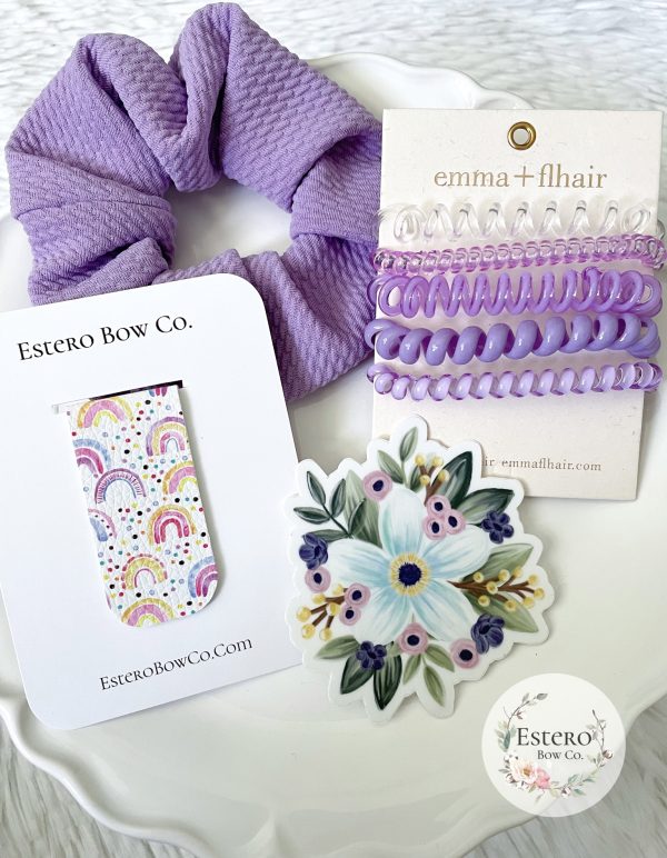 The Purple Perfection Gift Set: Scrunchie, Waterproof Sticker, Coil Hair Ties and Magnetic Bookmark - Image 2