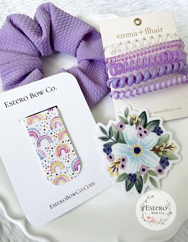 The Purple Perfection Gift Set: Scrunchie, Waterproof Sticker, Coil Hair Ties and Magnetic Bookmark - Image 4