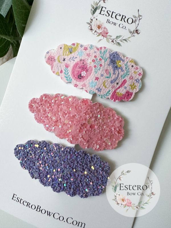 Cat Snap Clip Set of 3 - Cat Print, Purple Glitter & Pink Glitter Hair Accessories