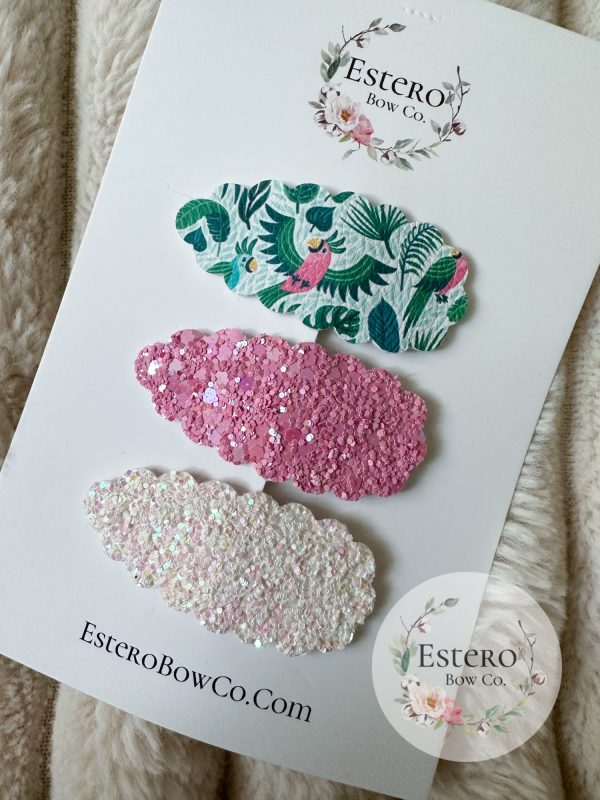 Tropical Bird Snap Clip Set of 3 - Tropical Bird Print, Pink Glitter & White Glitter Hair Accessories - Image 2