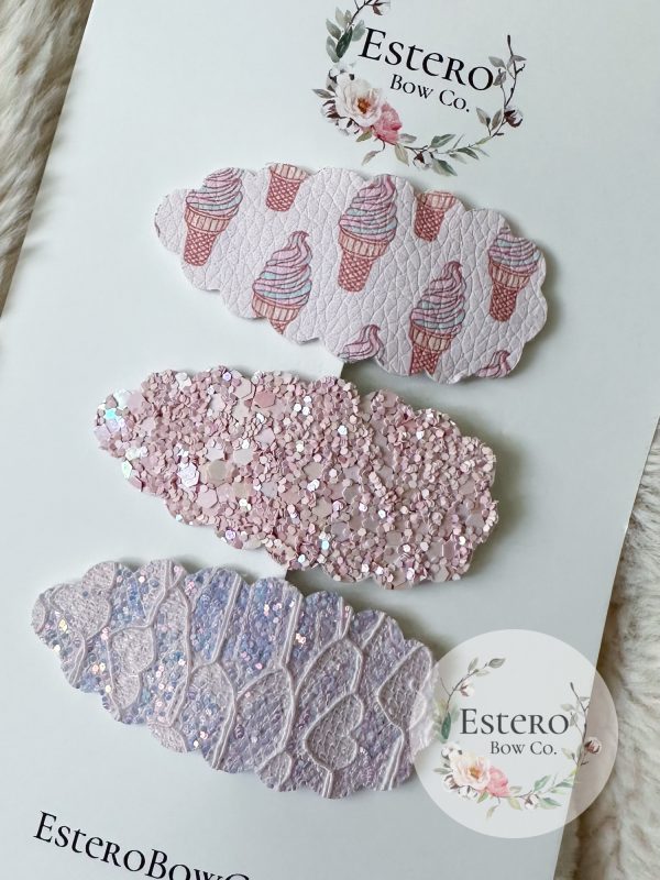 Ice Cream Snap Clip Set of 3 - Ice Cream Print, Pink Glitter & Light Purple Shimmer Lace Hair Accessories - Image 2