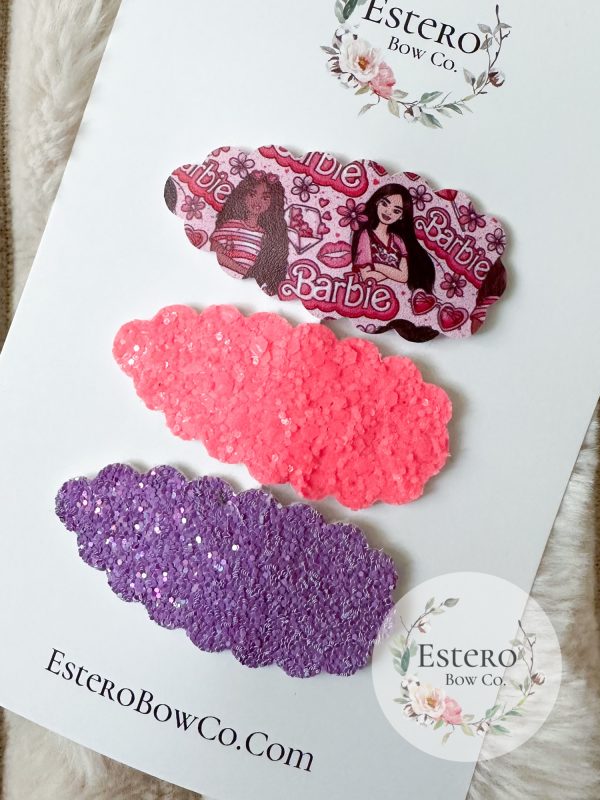 Snap Clip Set of 3 - Pink Glitter, Purple Glitter & Fun Doll Print Hair Accessories