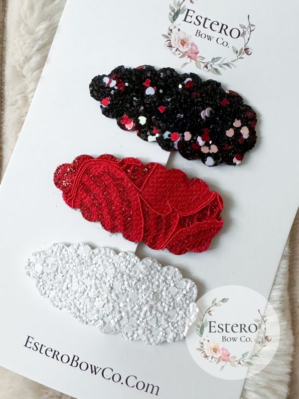 Valentine's Day Snap Clip Set of 3 - Black Glitter with Hearts, Textured Red Shimmer & White Glitter Hair Accessories