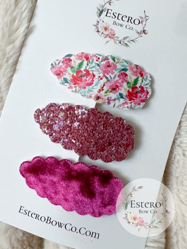 Floral Snap Clip Set of 3 - Spring Floral Print, Glitter & Velvet Hair Accessories