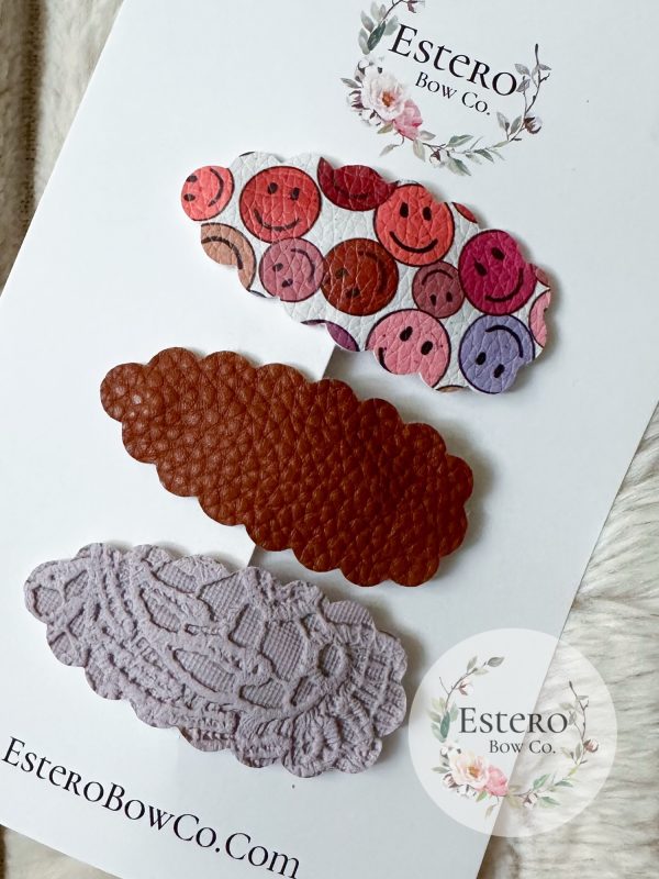 Smiley Face Snap Clip Set of 3 - Brown Vegan Leather, Lilac Lace Vegan Leather Hair Accessories