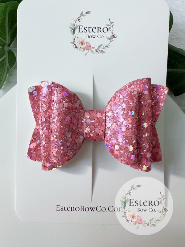 3.5” Pink Holographic Glitter Hair Bow - Image 2