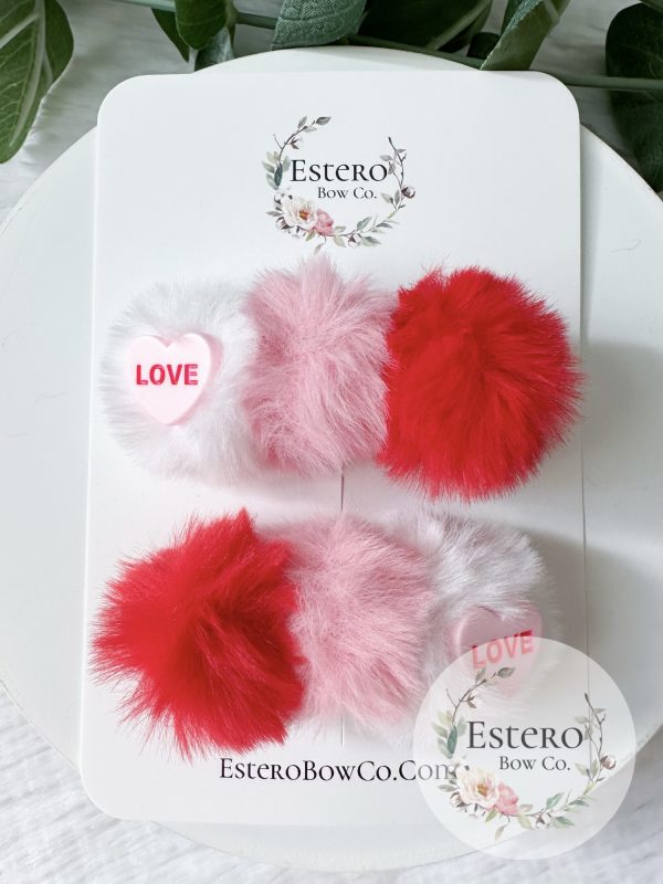 Valentine's Day Hair Clip Set - Red and Pink Puff Hair Clips