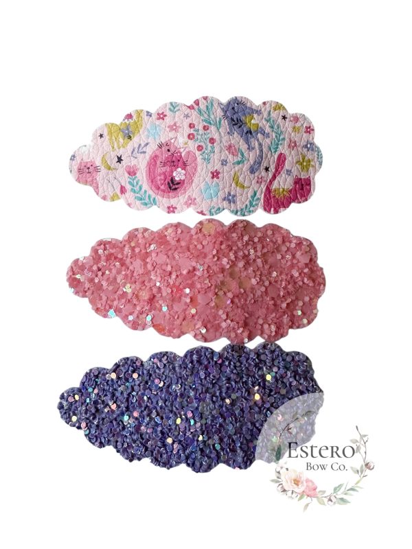 Cat Snap Clip Set of 3 - Cat Print, Purple Glitter & Pink Glitter Hair Accessories - Image 2