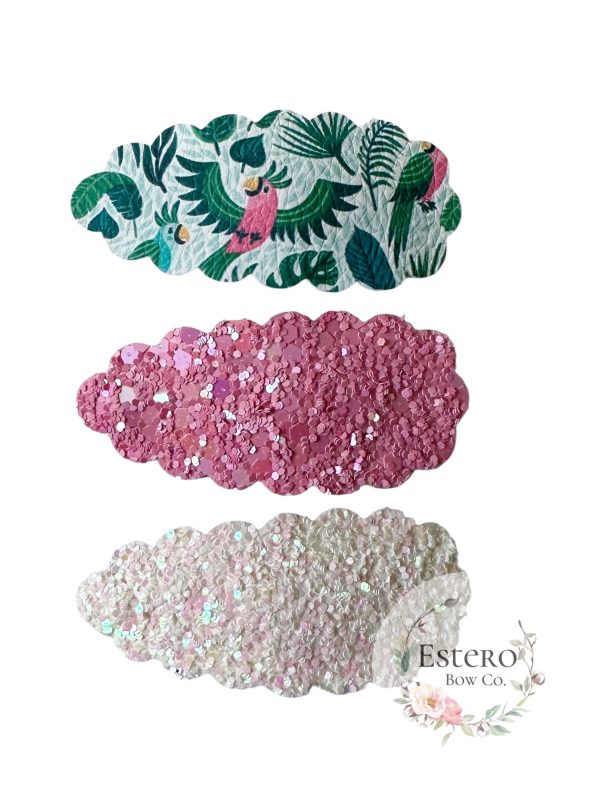 Tropical Bird Snap Clip Set of 3 - Tropical Bird Print, Pink Glitter & White Glitter Hair Accessories