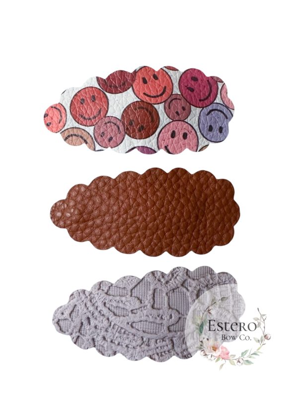 Smiley Face Snap Clip Set of 3 - Brown Vegan Leather, Lilac Lace Vegan Leather Hair Accessories - Image 2