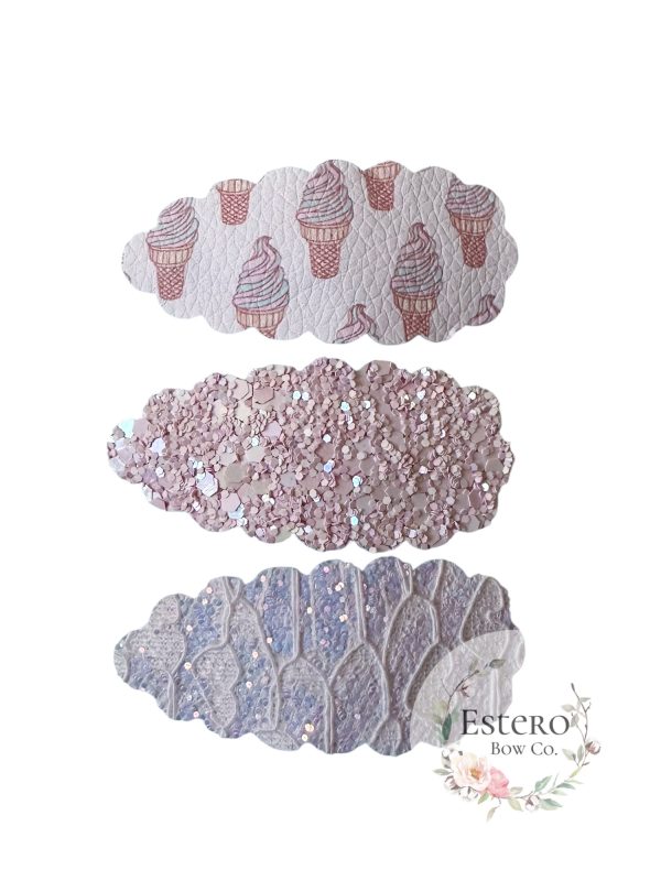 Ice Cream Snap Clip Set of 3 - Ice Cream Print, Pink Glitter & Light Purple Shimmer Lace Hair Accessories