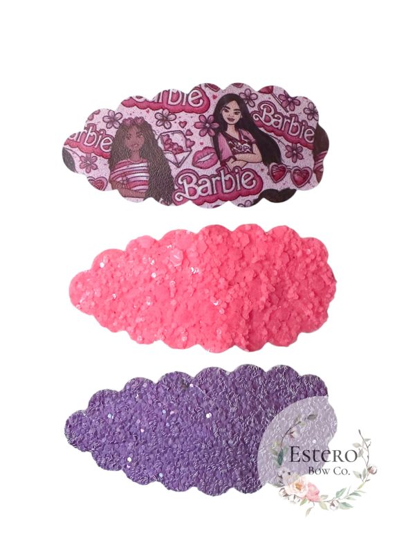 Snap Clip Set of 3 - Pink Glitter, Purple Glitter & Fun Doll Print Hair Accessories - Image 2