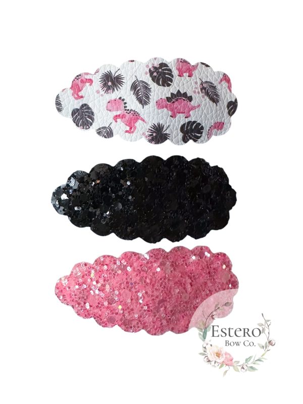 Dino Snap Clip Set of 3 - Dino Print, Black Glitter & Pink Glitter Hair Accessories - Image 2