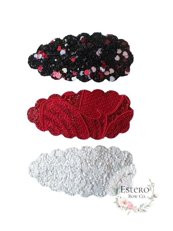 Valentine's Day Snap Clip Set of 3 - Black Glitter with Hearts, Textured Red Shimmer & White Glitter Hair Accessories - Image 2