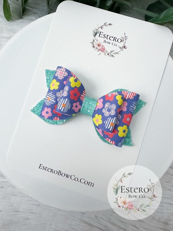 3.5” Bright Floral Vegan Leather Hair Bow - Floral Hair Bow - Image 2