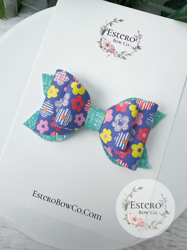 3.5” Bright Floral Vegan Leather Hair Bow - Floral Hair Bow