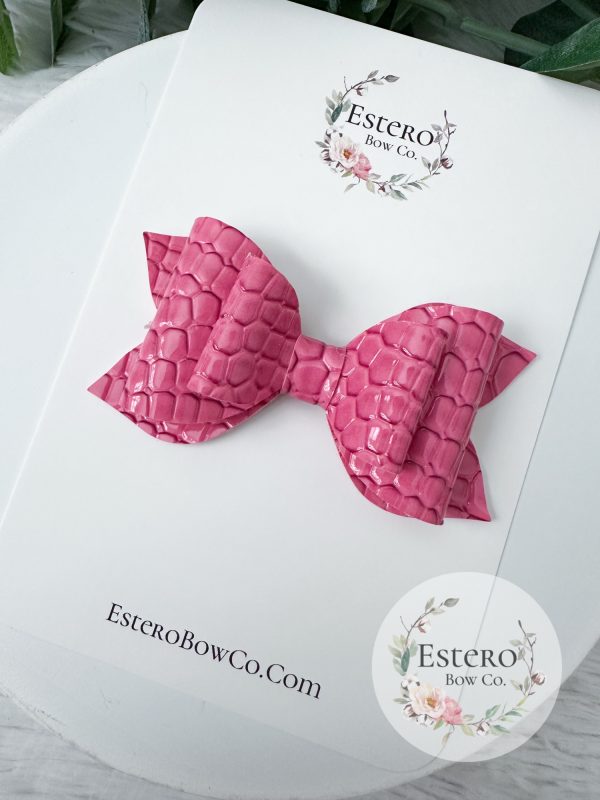 3.5” Pink Crocodile Print Vegan Leather Hair Bow - Pink Hair Bow