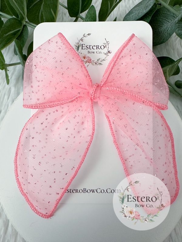 4.5" Pink Glitter Dot Tulle Fable Bow - Valentine's Day Bow