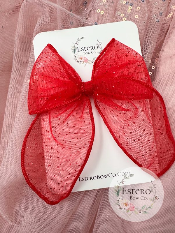 4.5" Red Glitter Dot Tulle Fable Bow - Valentine's Day Bow - Image 2