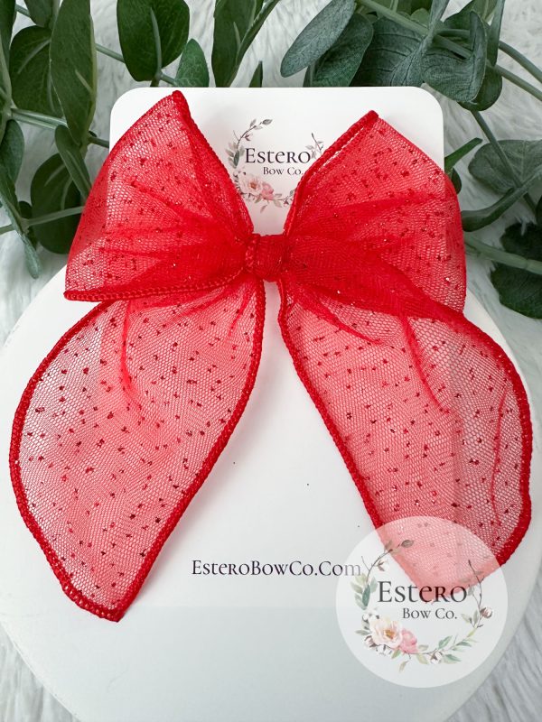 4.5" Red Glitter Dot Tulle Fable Bow - Valentine's Day Bow - Image 3