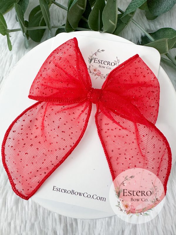 4.5" Red Glitter Dot Tulle Fable Bow - Valentine's Day Bow