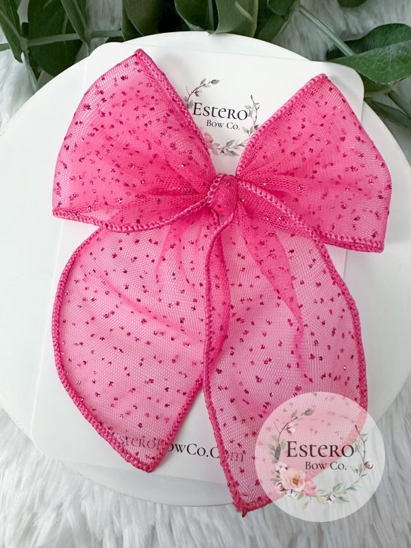 4.5" Hot Pink Glitter Dot Tulle Fable Bow - Valentine's Day Bow