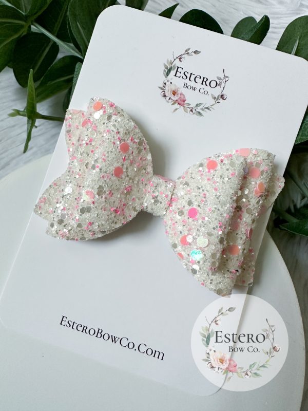 4” White and Pink Glitter Hair Bow - White Glitter Hair Bow