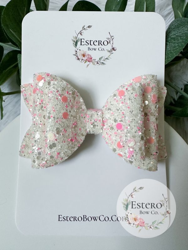 4” White and Pink Glitter Hair Bow - White Glitter Hair Bow - Image 2