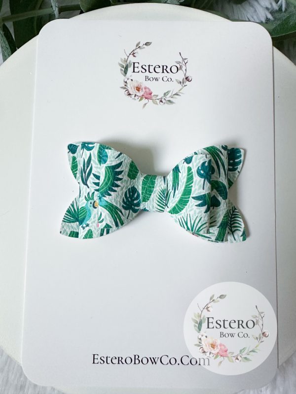 3" Tropical Leaves Vegan Leather Hair Bow - Image 2