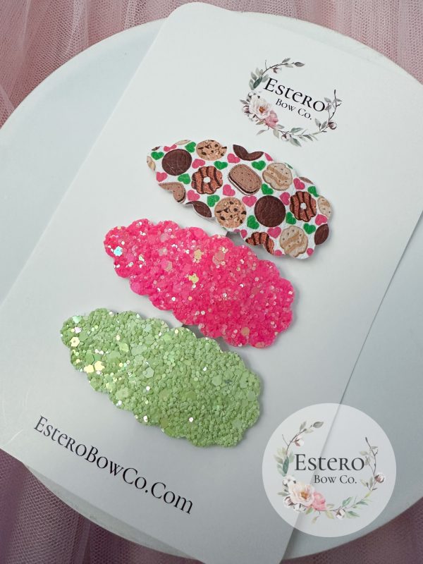 Famous Cookie Snap Hair Clip Set - Pink Glitter Snap Clip, Green Glitter Snap Clip